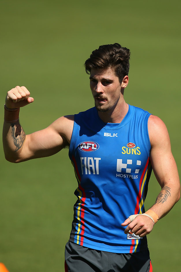 AFL 2016 Training - Gold Coast Suns 070416 GOLD COAST, QUEENSLAND - APRIL 07: Alex Sexton reacts during a Gold Coast Suns AFL training session at Metricon Stadium on April 7, 2016 in Gold Coast, Australia. (Photo by Chris Hyde/AFL Media/Getty Images)
